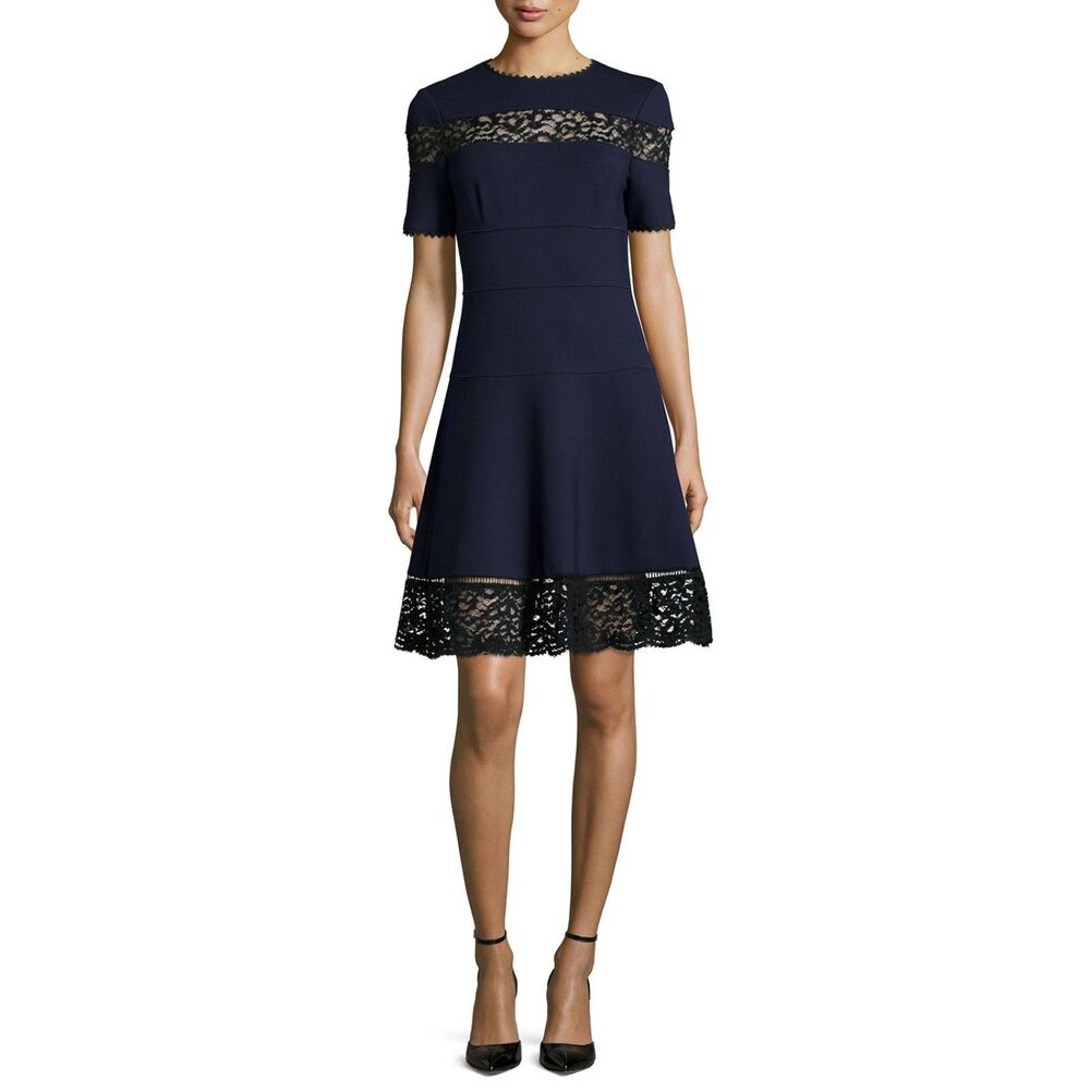 REBECCA TAYLOR Womens Dress Size 2 Blue A-Line Fit Flare Lace Contrast Ponte